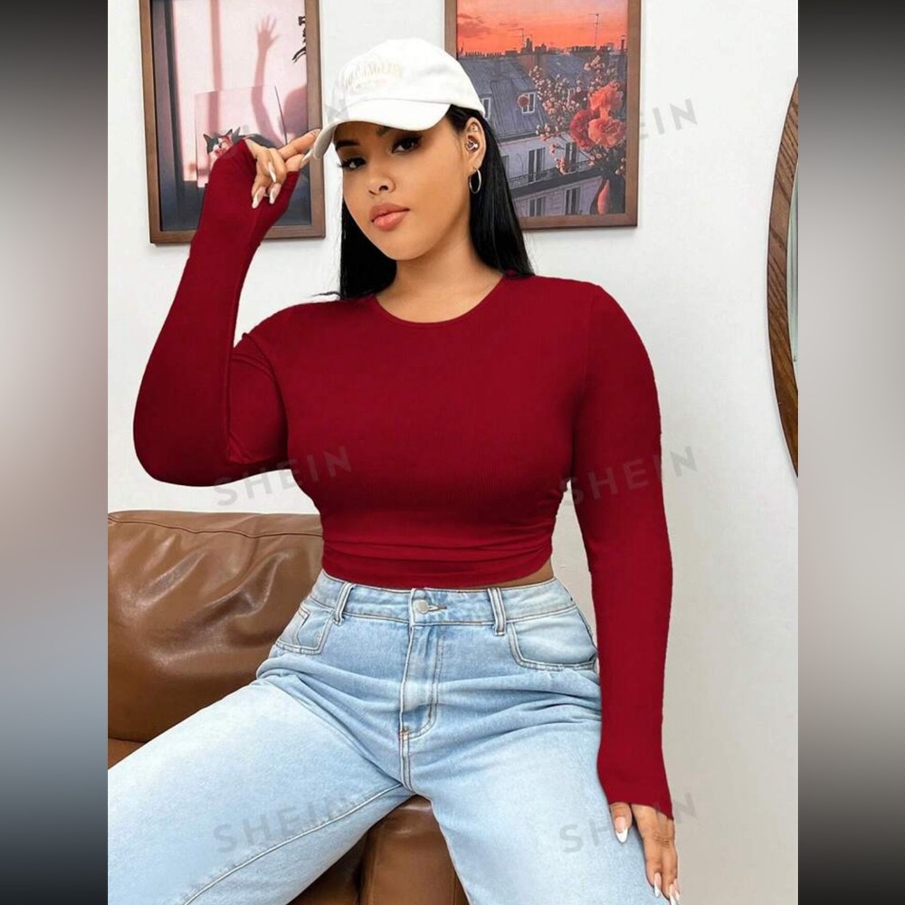 Red long sleeve crop top - SHEIN